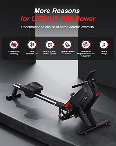 Magnetic Rowing Machine, UTRYUP Bluetooth Rower Machine for Home, Upgrade Resistance Strength with 16 Levels, Custom Widened Foot Pedals, 350 Lbs