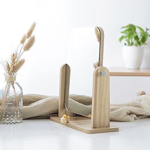 FRCOLOR Makeup Mirror with Wooden Stand 360 Degree Rotatable Vanity Makeup Mirror Portable Tabletop Mirror for Bathroom Shaving (L)
