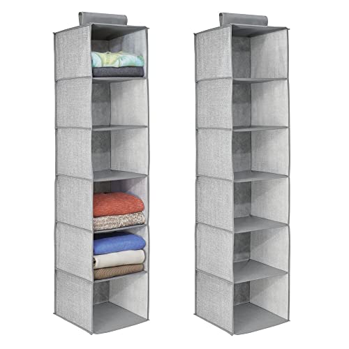mDesign Set of 2 Hanging Wardrobe Organiser - Fabric Wardrobe Storage Units with 6 shelves each - Ideal Hanging Closet Organiser - Grey