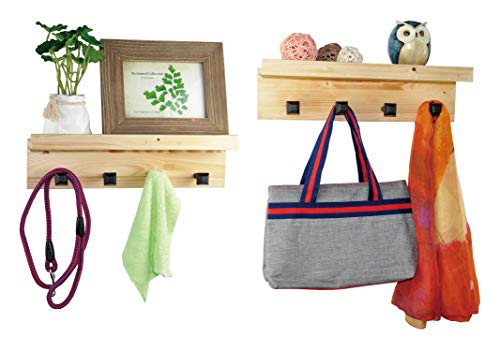 Spiretro Set of 2 Wall Mounted Torched Wood Floating Shelves & Ledge, Coat Hat Rack with Black Metal Pegs Hook to Organizer, Storage, Decorative