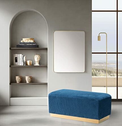 Chic Home Beatrix Bench Textured Velvet Upholstery Smooth Gold Tone Metal Base Modern Contemporary, Navy