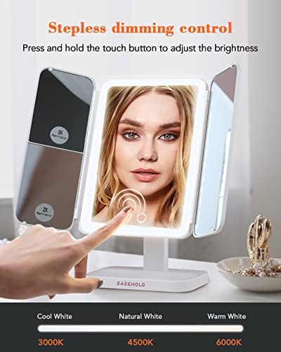 EASEHOLD Lighted Makeup Mirror with 1X/2X/3X Magnification, 60 LEDs, 3-Color Lighting Modes, Stepless Dimming, 2000 mAh Rechargeable Battery, for