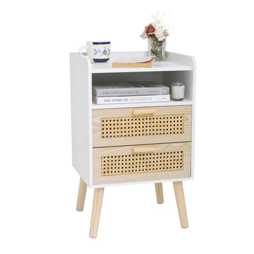 MaxSmeo White Nightstand with Rattan Drawers, Mid Century Modern Bedside Table, Boho Wood Nightstand for Living Room and Bedroom, White