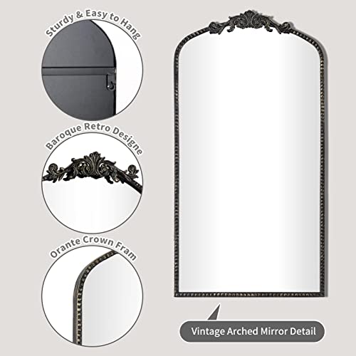CASOLLY Traditional Retro Brush Black Gold Arch Wall Mirror, 19"x31" Carved Elegant Rectangle Vintage Mirror with Antique Ornate Frame, Baroque I