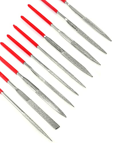 QWORK® Needle File Set, 3x140mm Mini Modelling Files Diamond Files for Metal Plastic Glass Wood Jewelry Rough Carving, 10Pcs