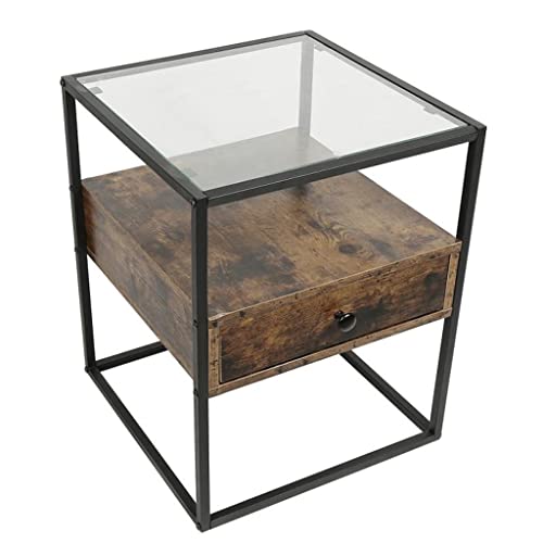 JJZXD Bedside Table Industrial Style Glass Metal Cabinet Bedroom Locker Nightstands Versatile Coffee Table Bedroom Furniture