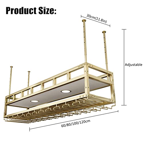 Hanging Wine Rack with 2Lights, Ceiling Mounted Wine Rack Adjustable Industrial Hanging Wine Bottle Holder, Metal Iron Wine Shelf for Bar Dining
