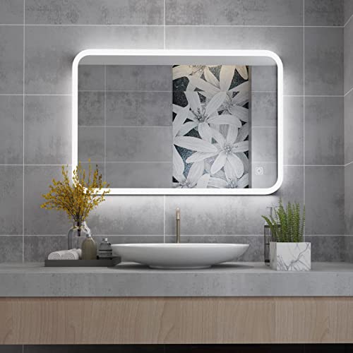 MIQU 500 x 700 mm Bathroom Mirror with Led Lights, Illuminated Makeup Wall Mounted Mirror with Touch Sensor & Demister Anti-Fog for Bath, Bedroom