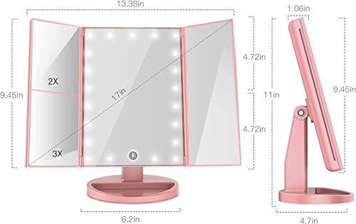 ESTOPE PRO Lighted Makeup Mirror 2X/3X Magnification Vanity Mirror Tri-fold Make up Mirror Table Mirror Pink