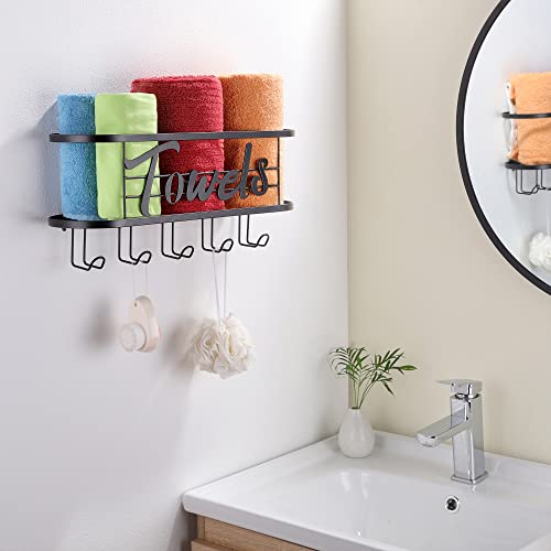 KEGII Towel Storage Rack Wall Mounted with 5 Hooks, Rolled Bath Hand Towel Holder, Black Bathroom Decor, Stainless Steel Shelf Organiser