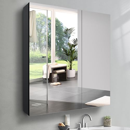 HOTIPRO Bathroom Medicine Cabinet with Mirror 31.5 x 26.7 Inch Wall-Mounted Bathroom Mirror Cabinet 2-Door Black Aluminum Medicine Cabinet Waterp