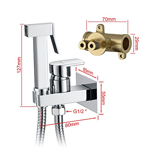 Ibergrif M22019 - Muslim Shower Mixer Kit, Hot and Cold Bidet Spray with Shattaf Sprayer, Hose Pipe, Chrome, Silver