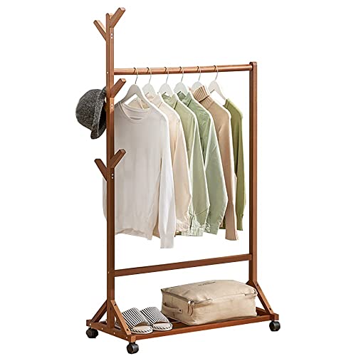 Clothes rack on wheels, bamboo coat rack, clothes rack with clothes rail and tree-shaped hooks, clothes rack with shelves, bamboo clothes rack fo