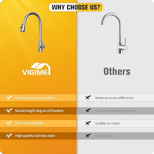 Kitchen Sink Taps Mixer with Pull Out Spray, Single Handle High Arc Commercial Stainless Steel Kitchen Faucet Suitable for UK Standard Fittings B