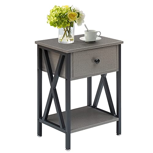 VECELO Vintage Nightstand, End Side Table with Drawer and Shelf, Home Decoration for Living Room Bedroom, X-Shape Legs and Water-Proof Surface, H