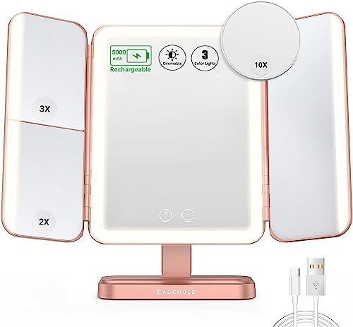 EASEHOLD Lighted Makeup Mirror with 1X/2X/3X Magnification, 60 LEDs, 3-Color Lighting Modes, Stepless Dimming, 2000 mAh Rechargeable Battery, for