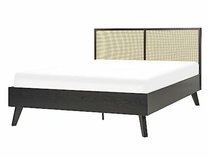 Minimalist Boho EU Double Bed Base 4ft6 Rattan Headboard Black Monpazier