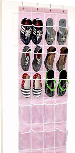Simple Houseware 24 Pockets - Crystal Clear Over The Door Hanging Shoe Organizer, Pink