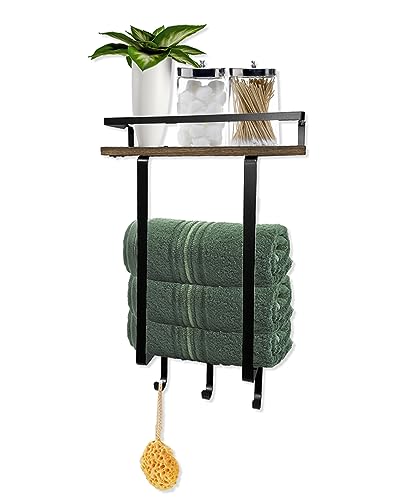 Towel Racks for Bathroom,Hanging Towel Storage for Rolled Towels with Wooden Shelf and 3 Hooks, Rust-Proof Metal Towel Holder