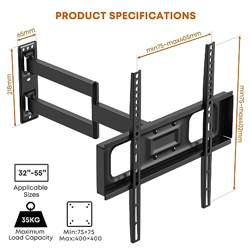 PUTORSEN TV Wall Bracket Mount Swivel and Tilt for Most 32-55 Inch LED, LCD, OLED and Plasma Flat Screen TVs up to VESA 400x400mm and 35 kg, Full