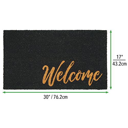 mDesign Decorative Doormat – Natural Coir Doormat with Script Writing – Welcome Mat for Indoor and Outdoor Use – Black/Brown