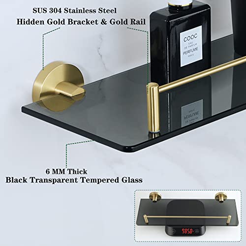 Mooche Tempered Glass Shelf Bathroom Shelf with Rail Wall Mounted 15 Inch, SUS304 Stainless Steel Golden Bracket and Black Tempered Glass, GDL538