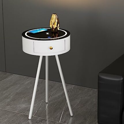 wangpengkai Led Smart Round Nightstand with Drawer &Wireless Charging Station,14in Narrow Metal Side Table/Small End Table/Bedside Table/Accent T