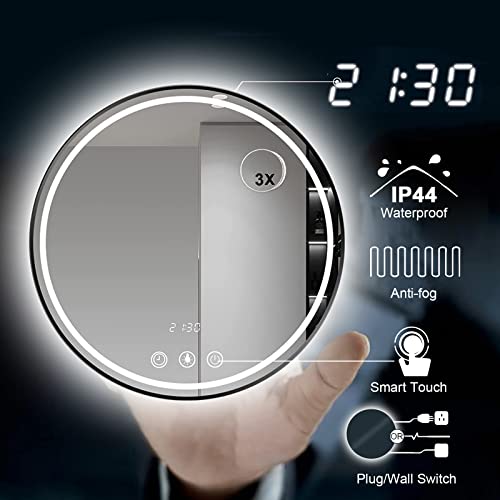 Devenirriche 600mm Round LED Bathroom Mirror, 24 inch Illuminated Wall Mounted Vanity Mirror with Sensor Touch Control,Anti-fog, 4 LED Light Colo