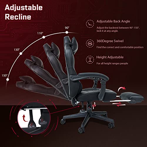 Fullwatt Racing Gaming Chair for adults with Footrest and Massage Lumbar Pillow, Swivel Height Adjustable Reclining PU Leather Video Game Chair,