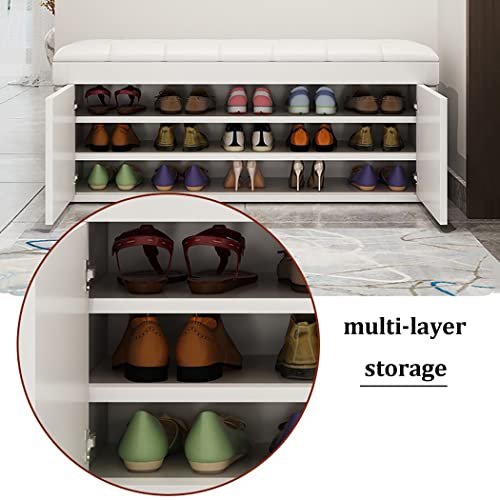 Shoe Bench Solid Wood Storage Bench Entryway, 3-Tier Entryway Bench with PU Cushion Seating, Shoe Rack Organizer with Door Cabinet for Entryway,