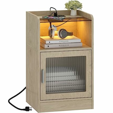 Nightstand with Power Outlet and LED Lights, Side End Table with Glass Cabinet, Modern Bedside Table for Bedroom, Living Room (Natural)