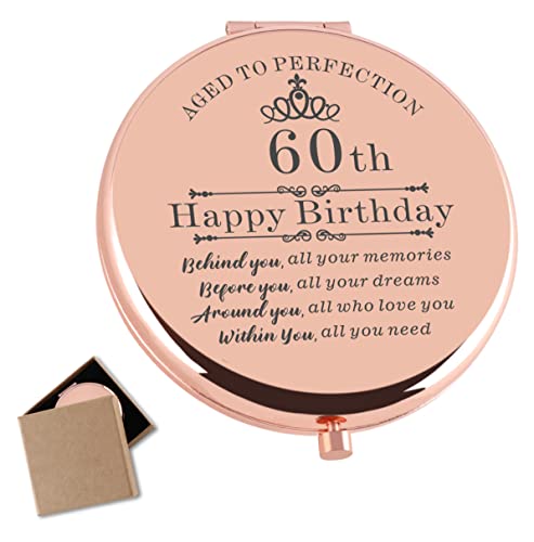 Cawnefil 60th Birthday Gifts for Women Rose Gold Compact Makeup Mirror Happy 60 Years Old Birthday Gifts for Women Turning 60th Birthday Gift for
