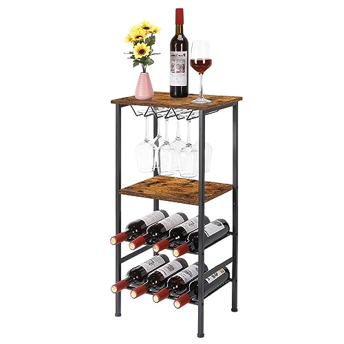 UOMIO 4 Tier Wine Cabinet Wine Racks Free Standing with Table Top and Glass Holders Rustic Style Wine Slim and Tall Wine Bottle Racks and Wire Go