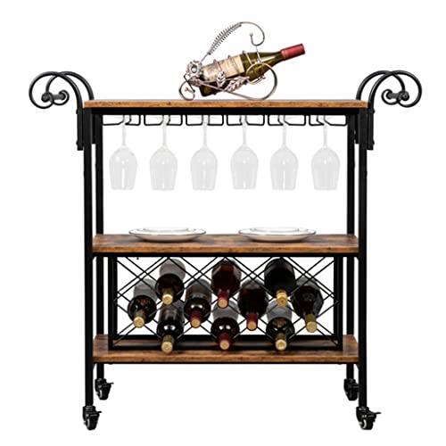 DSHGDJF 2-Layer Double-Armrest Diamond Wine Bottle Rack 1.5mm Thick Fire Pattern Density Board Movable Iron Wood Wine Cart