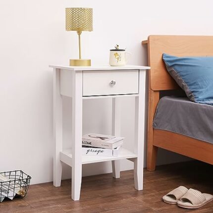 Meerveil White Bedside Table, Wooden Side Table, Bedroom Nightstand Cabinet Storage Unit with Drawer and Shelf, 46 x 35 x 70 cm