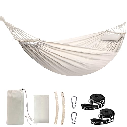 Chihee Cotton Hammock Large Soft Breathable Camping Hammock Holds Up to 660lbs Portable Tree Hammock with Detachable Spreader Bar Pillow 2 Strong