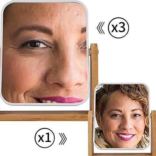 LOTIKO Makeup Mirror with Natural Bamboo Stand, 1X/3X Magnification Double Sided 360 Degree Swivel Magnifying Mirror,Vanity Table,Office Desk,Roo
