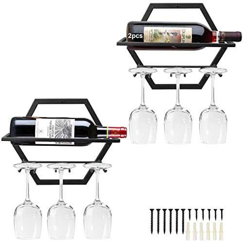 Giyiprpi 2Pcs Wall Mounted Wine Bottle Stemware Rack, Metal Hanging Wine Display Holder with 3 Stemware Glass Organizer, Red Wine Racks for Home