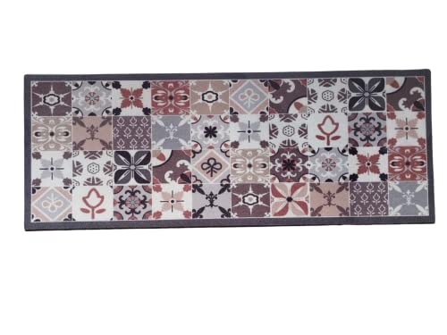 oKu-Tex Doormat | Dirt Trapper Mat, Kitchen Runner | Mosaic Pattern Tiles Checked | Washable | Door Mat for Indoor Use | Non-Slip | Grey/Beige |