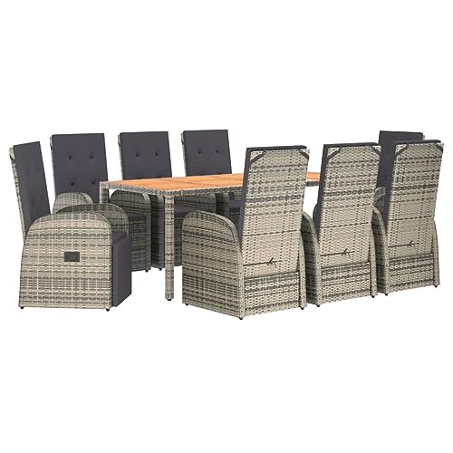 vidaXL Garden Dining Set 9 Piece Outdoor Dining Set Chair and Table Armchair Patio Dinner Table and Chair Grey Poly Rattan and Solid Wood Acacia