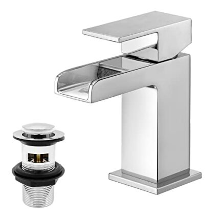 Waterfall Square Basin Taps with Pop Up Waste, BATHWEST Basin Mixer Taps with Drain, Monobloc Chromed Brass Basin Taps with Sink Plug 612-A-style