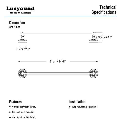 Lucyound Brass Bath Towel Rail 60cm, Vintage Single Towel Bar, Petal Carving Series Wall Mounted Bathroom Accessories, Antique Gold