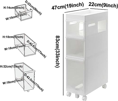 9''W Small Bathroom Storage Cabinet, 4 Tier Narrow Bathroom Floor Cabinet Large Capacity with Plastic Drawers and Casters Slim Toilet Paper Stora
