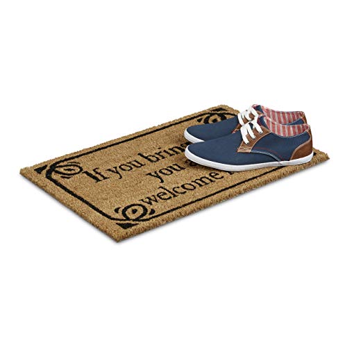 Relaxdays Natural Coconut Fibre Coir BRING BEER Doormat Door Mat Welcome Mat w/ Anti-Slip Rubber PVC Underside, Brown