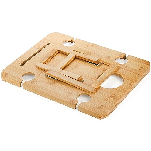 Kingrol Bamboo Wine Picnic Table with Wine Bottle, Glass and Cheese Knife Holder - Park, Camping, Beach, Outdoor Snack and Cheese Tray, Wine Love