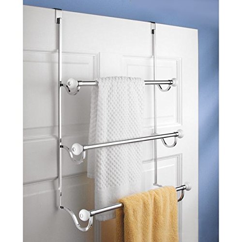 mDesign Over the Door Towel Rail – Modern Bathroom Towel Rack with 3 Bars – Hanging Towel Storage Rack – Essential Bathroom Storage – White/Chrom
