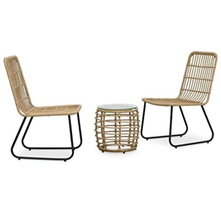 DLOETT Bistro Set 3pcs Resin Braided Oak Garden Set Outdoor Furniture