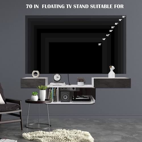 Pmnianhua Floating TV Shelf, 70" Wall Mounted Floating TV Stand Media Console TV Cabinet, Floating Entertainment Center with 2 Doors for Bedroom