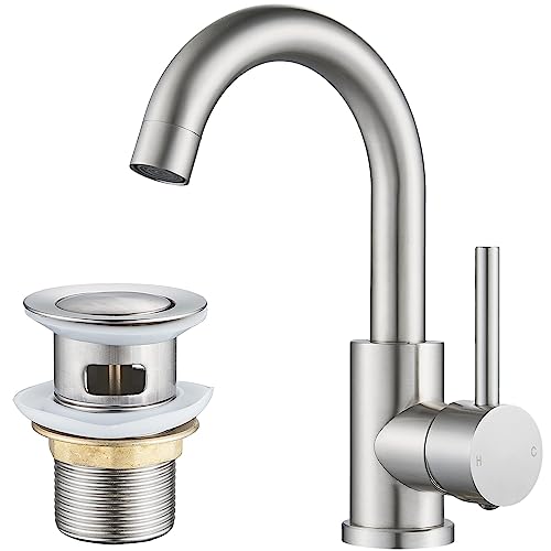 NewEast Basin Mixer Tap with Pop up Waste and Swivel Spout, Modern Black Brass Single Lever Bathroom Sink Tap Mixer