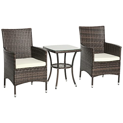 Outsunny Garden Outdoor Rattan Furniture Bistro Set 3 PCs Patio Weave Companion Chair Table Set Conservatory (Brown)